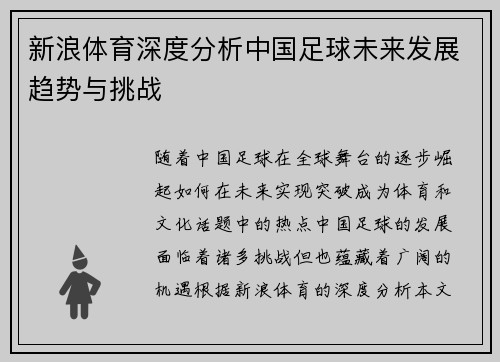 新浪体育深度分析中国足球未来发展趋势与挑战